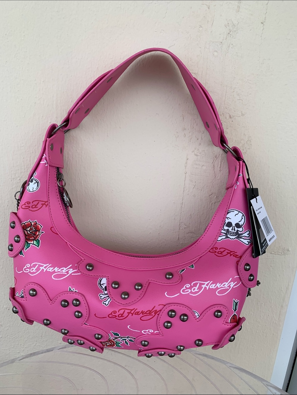 Ed Hardy Hot Pink Studded Tattoo-Print Shoulder Bag